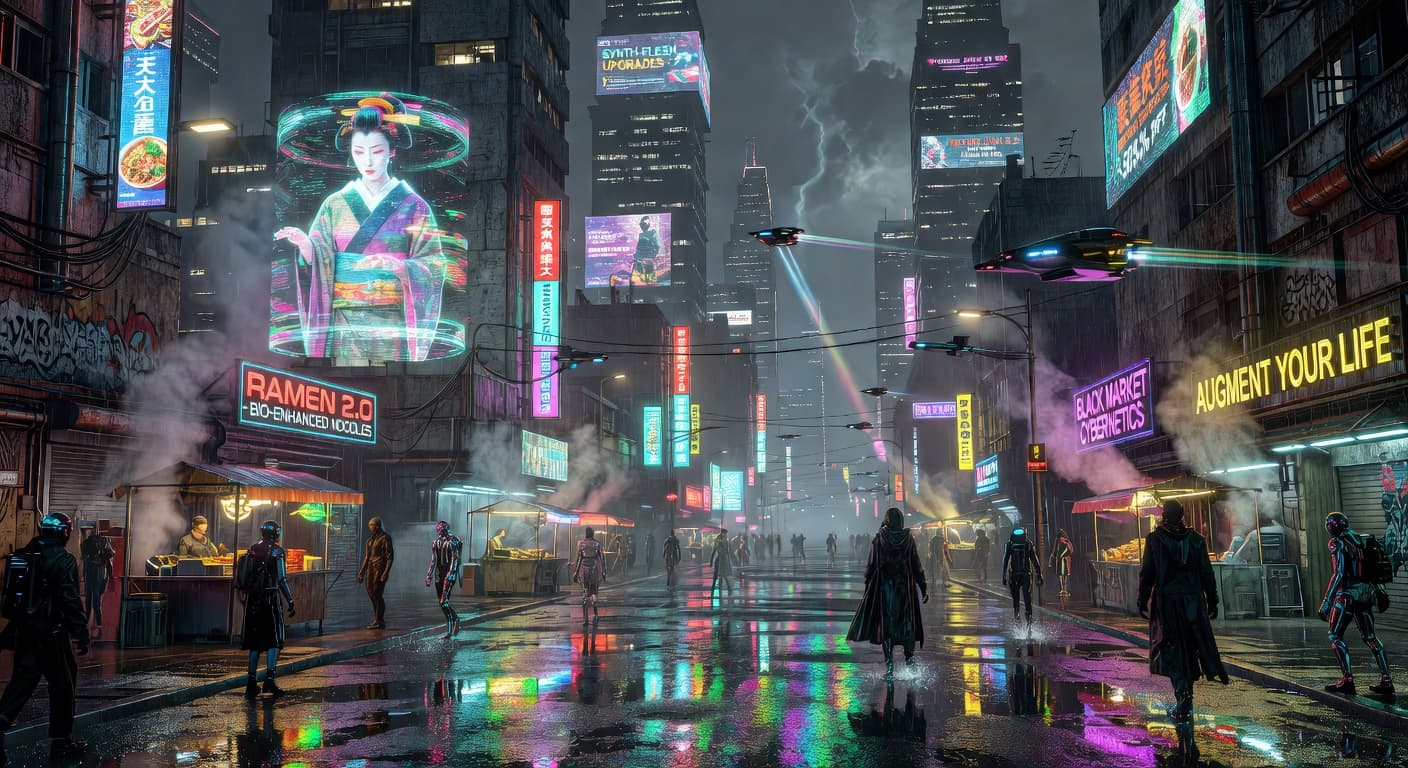 Grokimagine 2.0 community gallery: Cyberpunk neon street — Aurora AI image, shared by @alex_ai