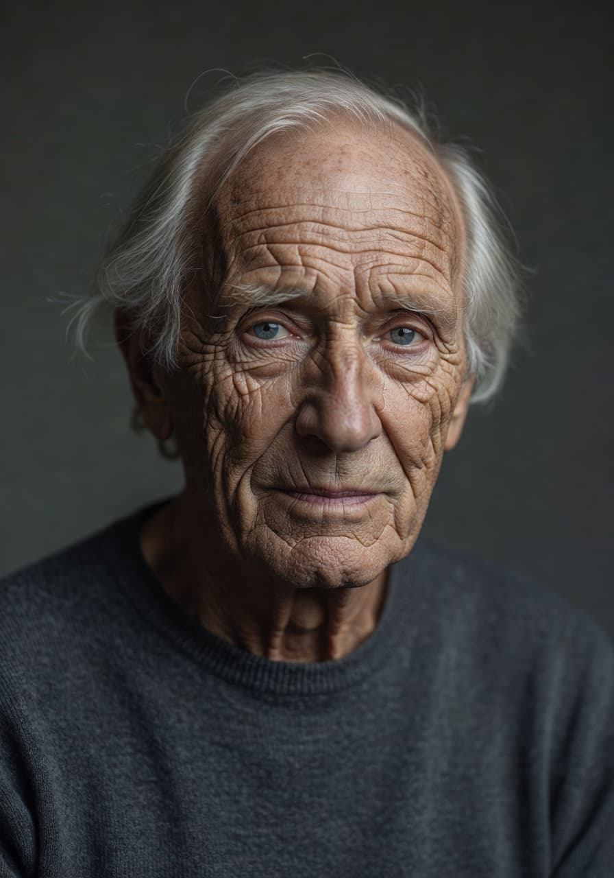 Grokimagine 2.0 Aurora AI image: hyper-realistic elderly man portrait with deep wrinkles, soft studio lighting, 85mm lens look