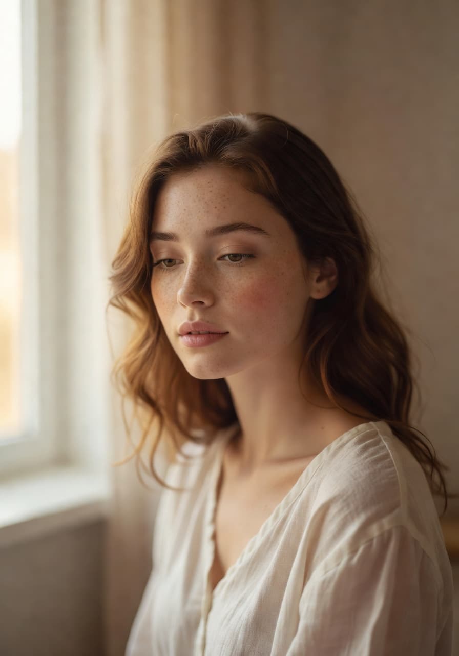Grokimagine 2.0 Aurora portrait: young woman with freckles, natural window light, shallow depth of field 50mm f/1.2