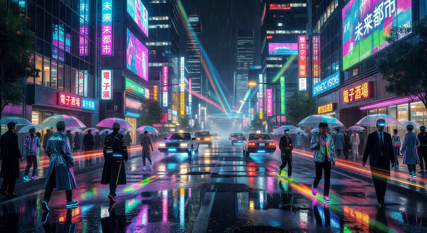 Grokimagine 2.0 Aurora: neon cyberpunk Tokyo street at night with rain, cinematic reflections, 4K-style AI render