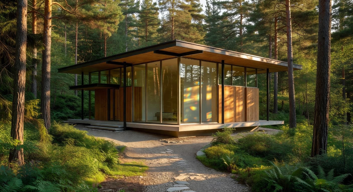 Grokimagine 2.0 Aurora AI architecture: modernist glass villa in pine forest at golden hour, editorial photo style