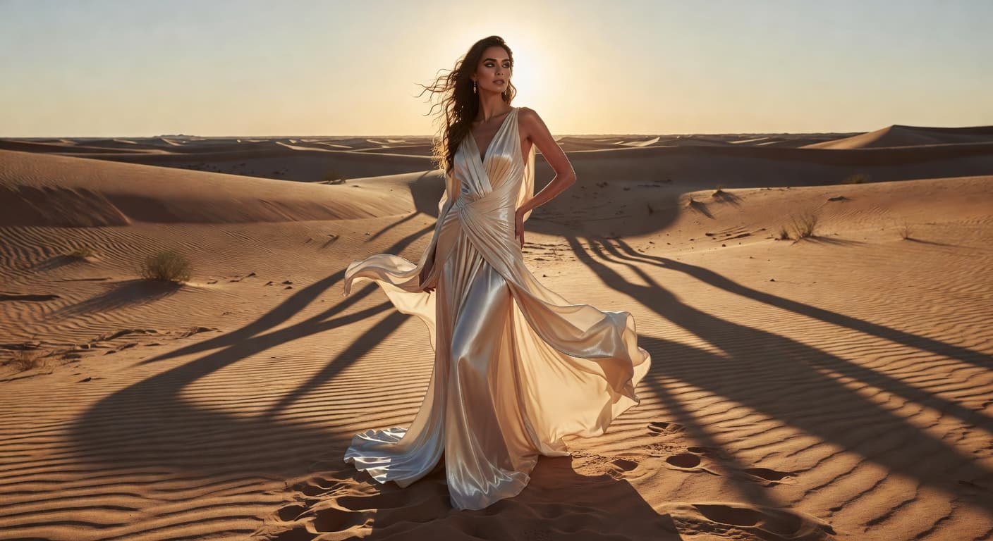 Grokimagine 2.0 Aurora fashion AI image: desert editorial with flowing silk dress, dramatic shadows, magazine look