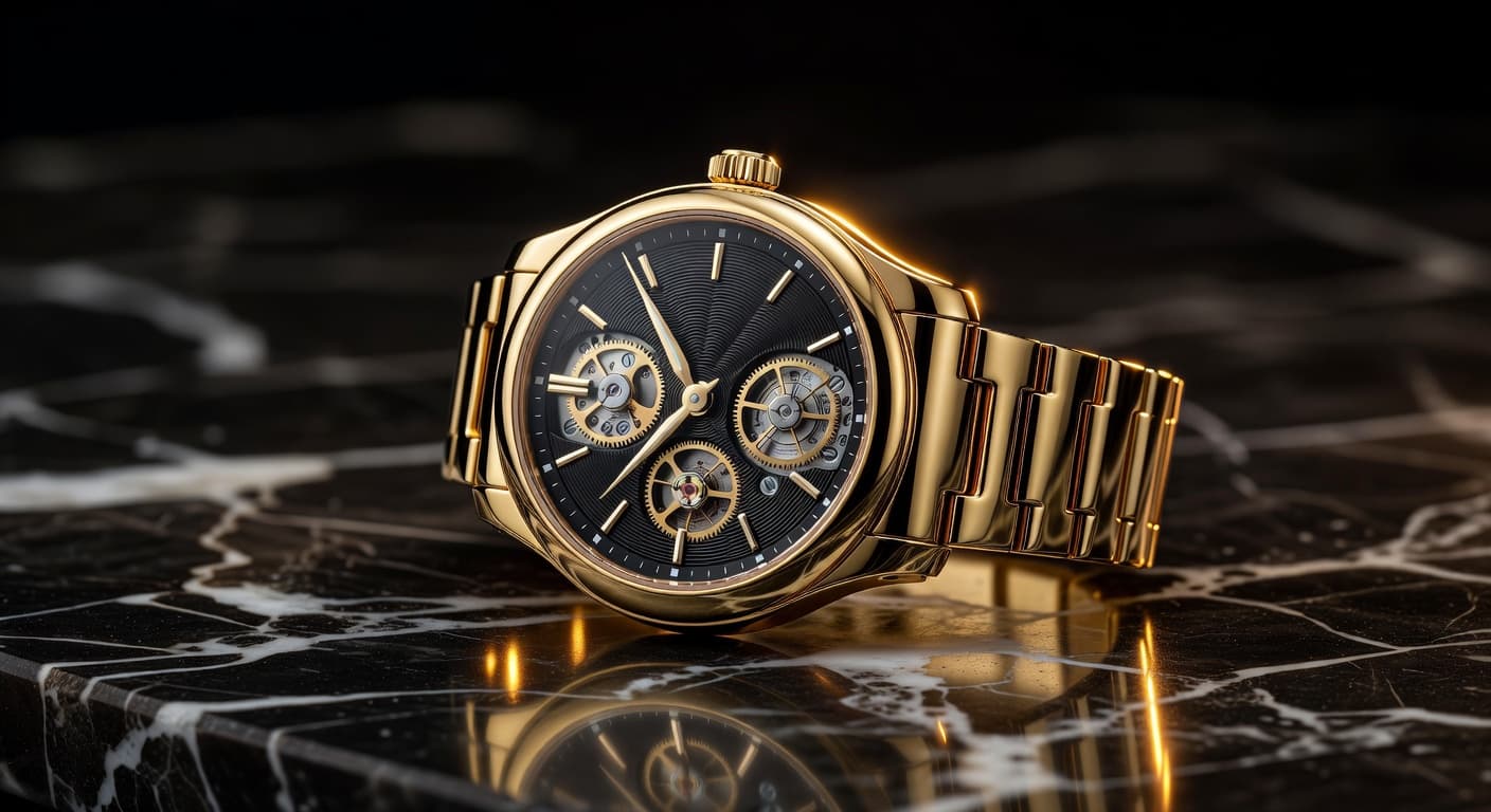 Grokimagine 2.0 Aurora product photography: luxury watch on dark marble with rim lighting and macro detail