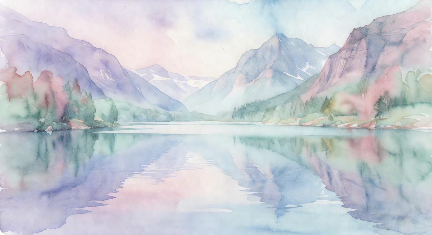 Grokimagine 2.0 Aurora stylized image: serene mountain lake in watercolor with soft pastels and bleeding edges