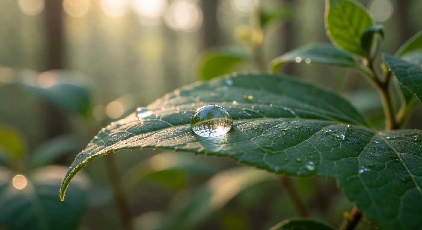 Grokimagine 2.0 Aurora macro nature: dewdrop on a leaf with morning sun, bokeh background, sharp detail