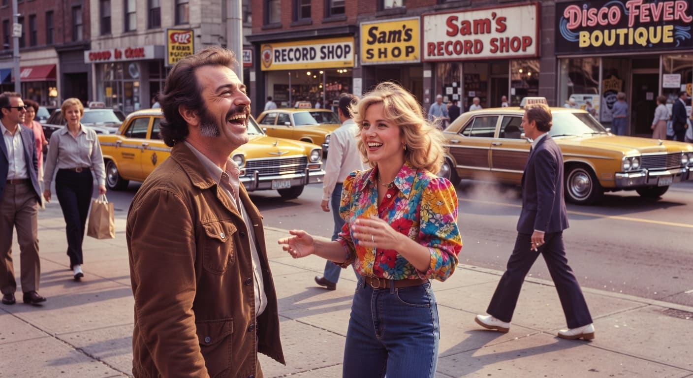 Grokimagine 2.0 Aurora vintage film look: 1970s street scene with grain, warm tones, candid documentary style