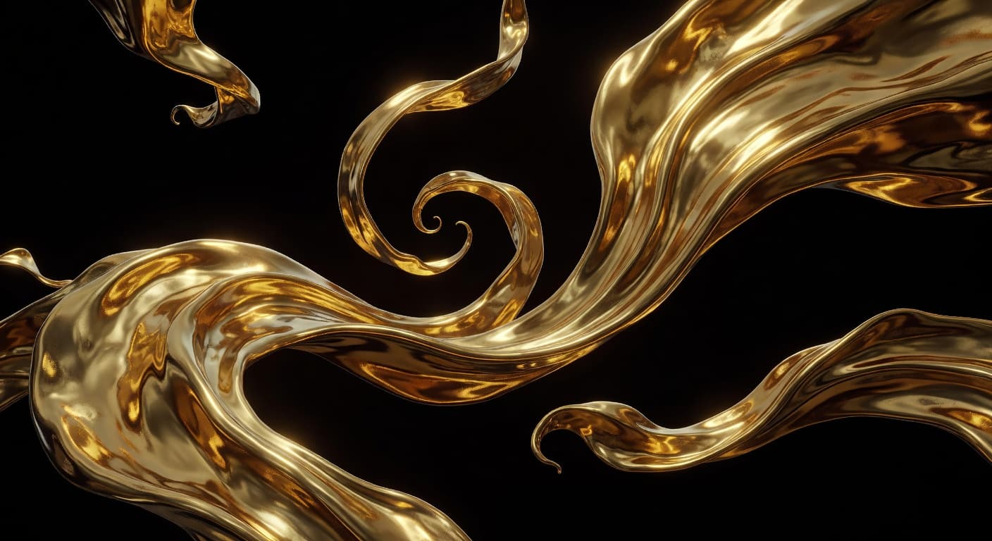 Grokimagine 2.0 Aurora abstract 3D: liquid gold ribbons in dark void, metallic sheen, Octane-style render