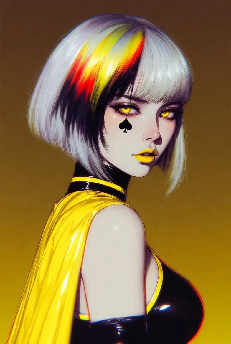 Silver-haired illustrated character in a yellow cape against a golden background