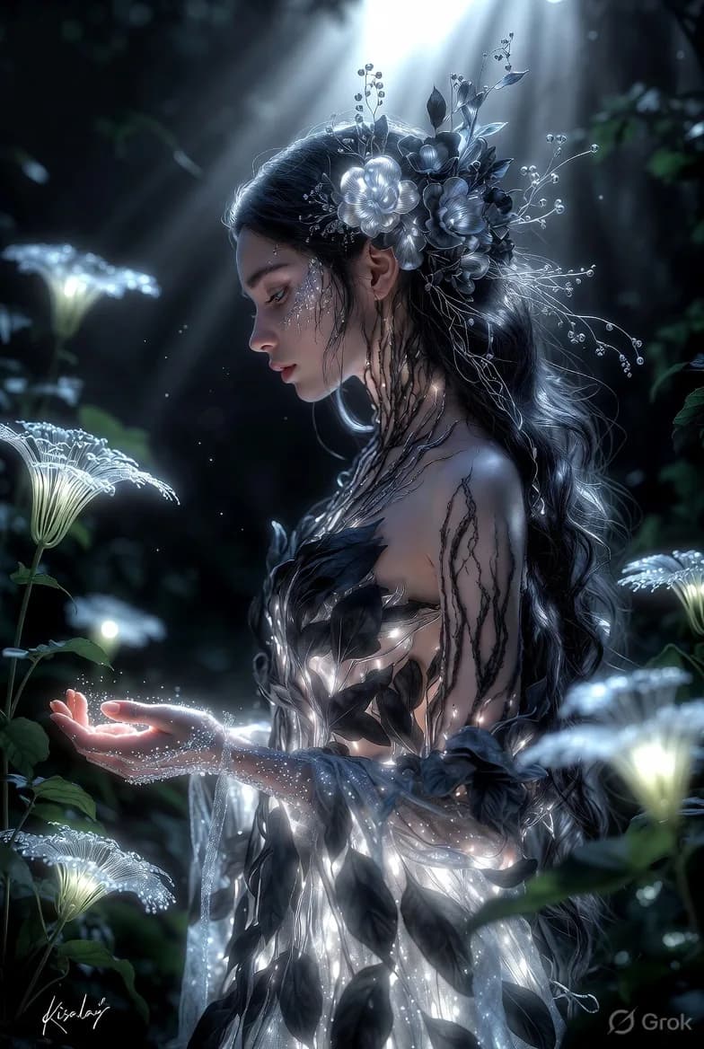 Forest spirit with silver floral details and glowing plants in a moonlit forest