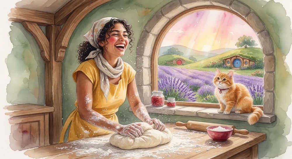 Watercolor illustration of a smiling baker beside a sunny arched window