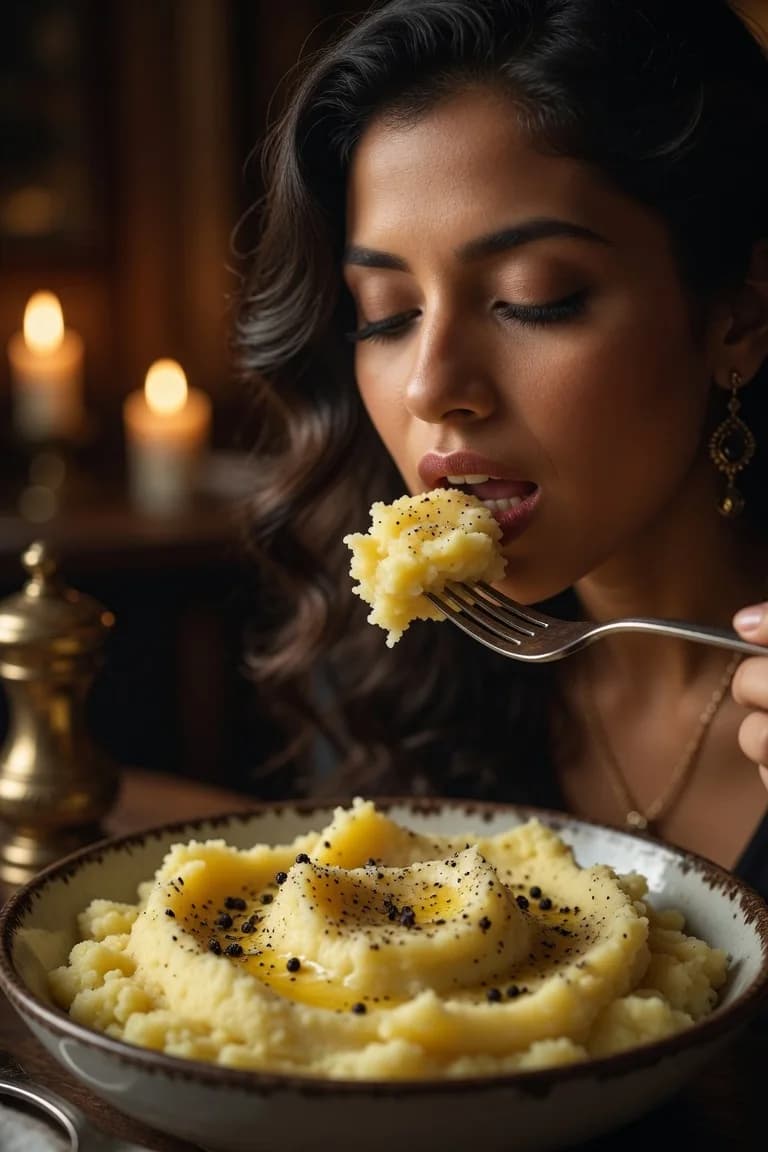 Close-up dining portrait with warm candlelight and a bowl of mashed potatoes