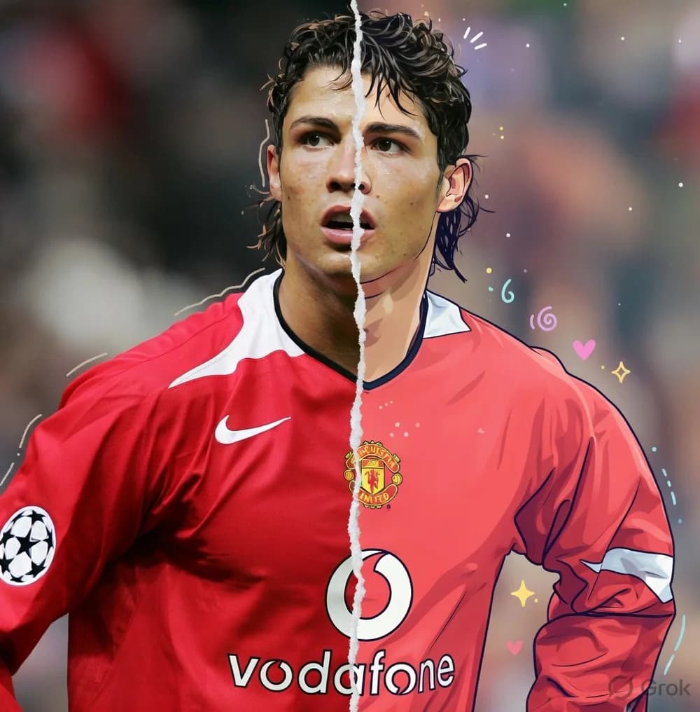 Football portrait divided into photographic and colorful cartoon treatments