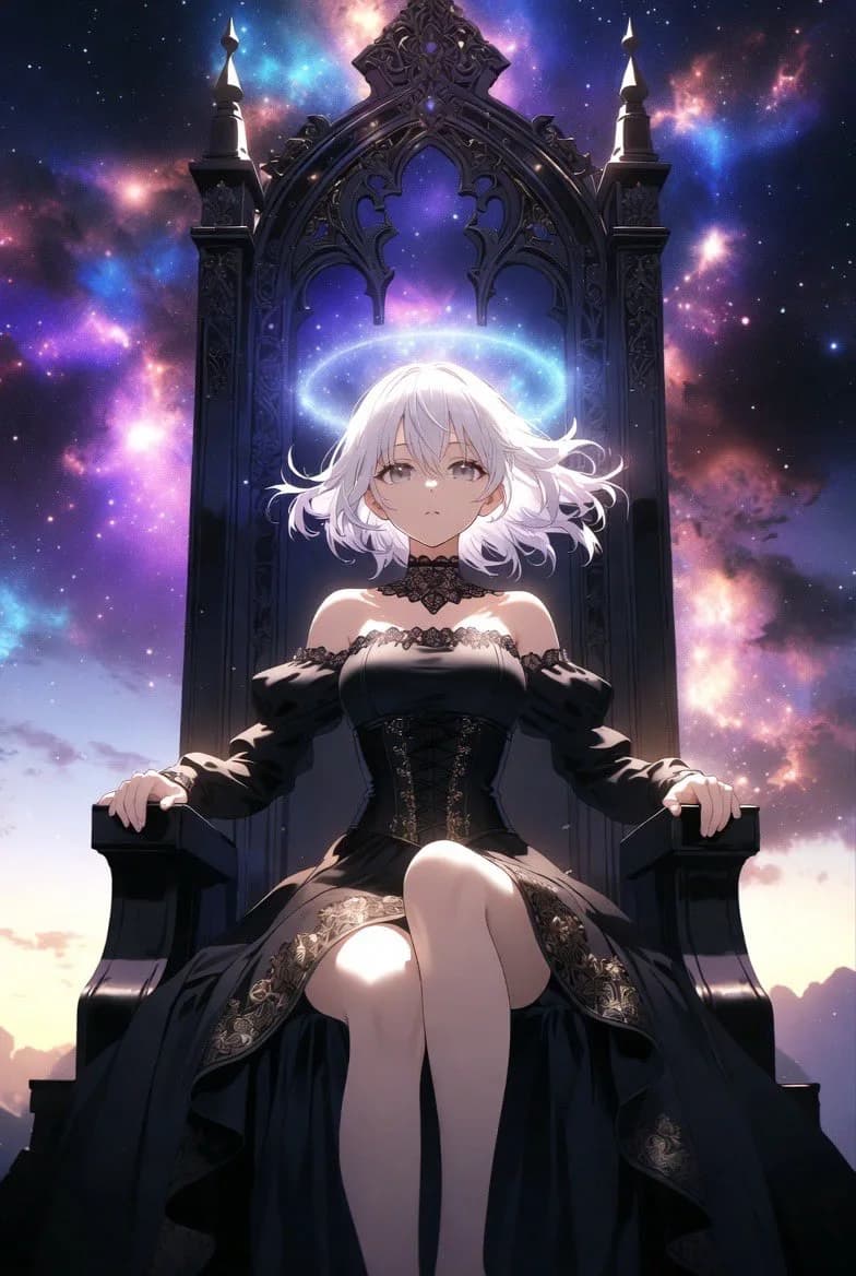 White-haired anime character seated on an ornate throne amid purple stars