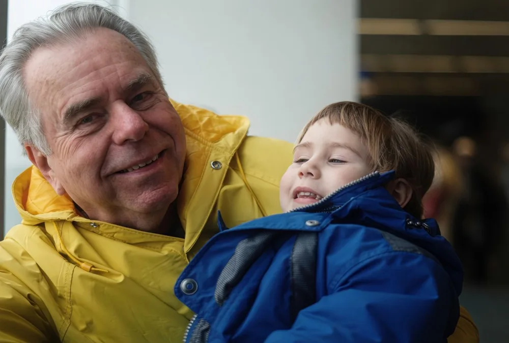 Candid family photograph of a grandfather holding a child in a blue jacket